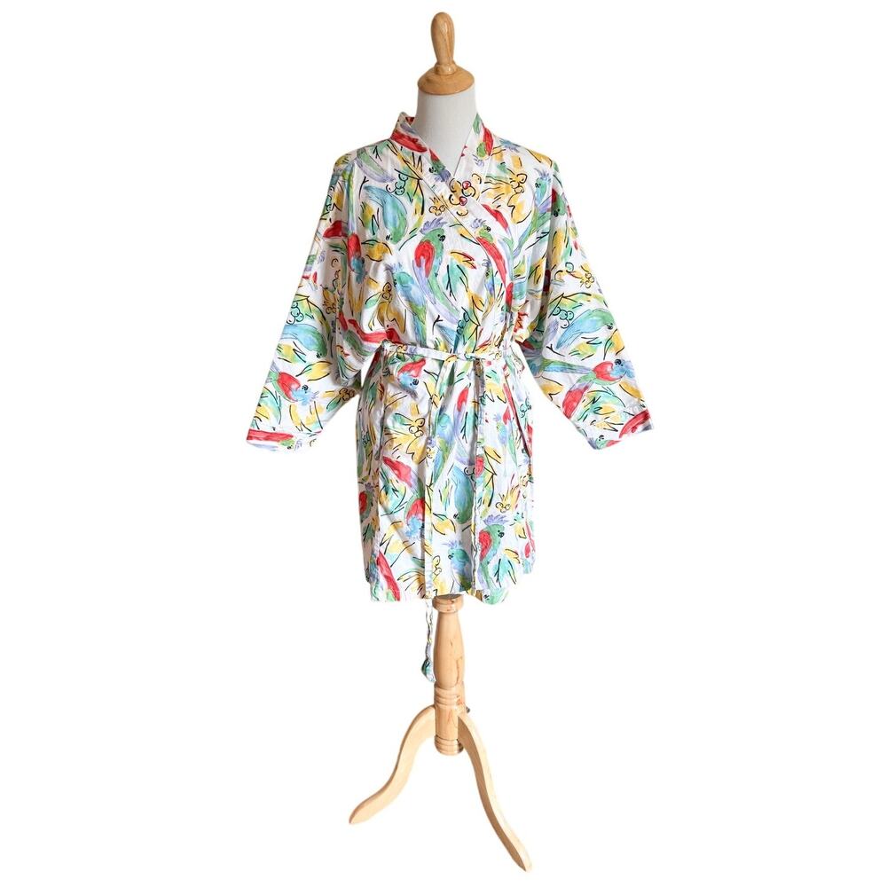 Susan Dunn Women's Vintage Parrot Robe Belted Art to Wear Artsy USA Pockets